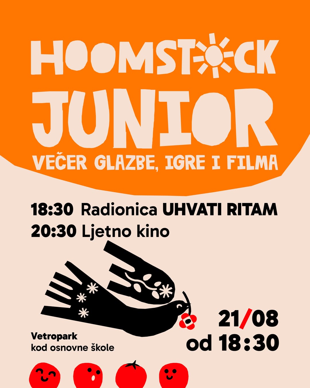 Hoomstock Junior 2026 plakat — radionica Uhvati ritam u 18:30 i ljetno kino u 20:30, Vetropark kod osnovne škole u Humu na Sutli