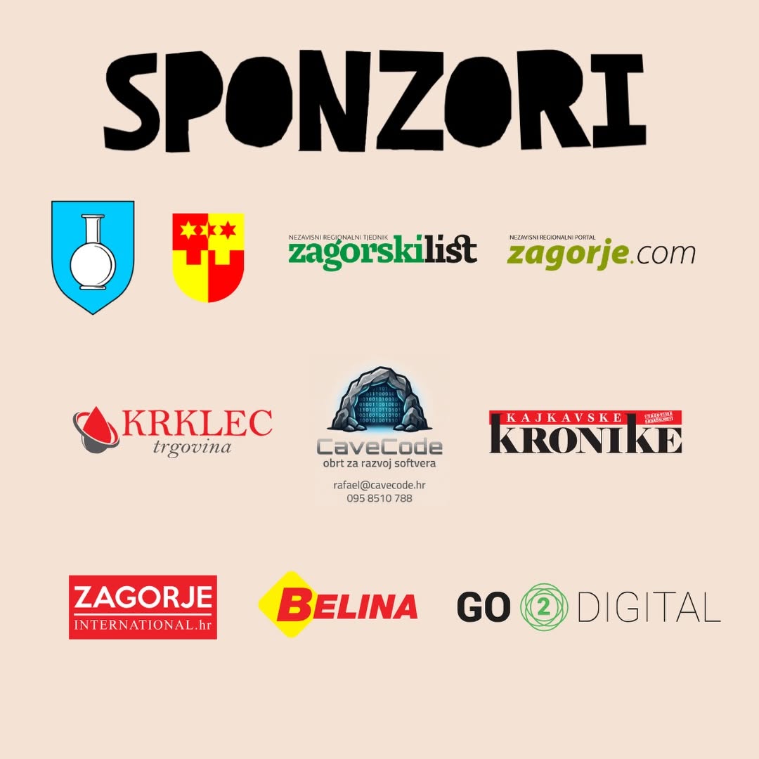Logotipi sponzora HOOMSTOCK festivala 2026: Općina Hum na Sutli, Krapinsko-zagorska županija, Zagorski list, Zagorje.com, Krklec trgovina, CaveCode, Kajkavske kronike, Zagorje International.hr, Belina, GO2 Digital